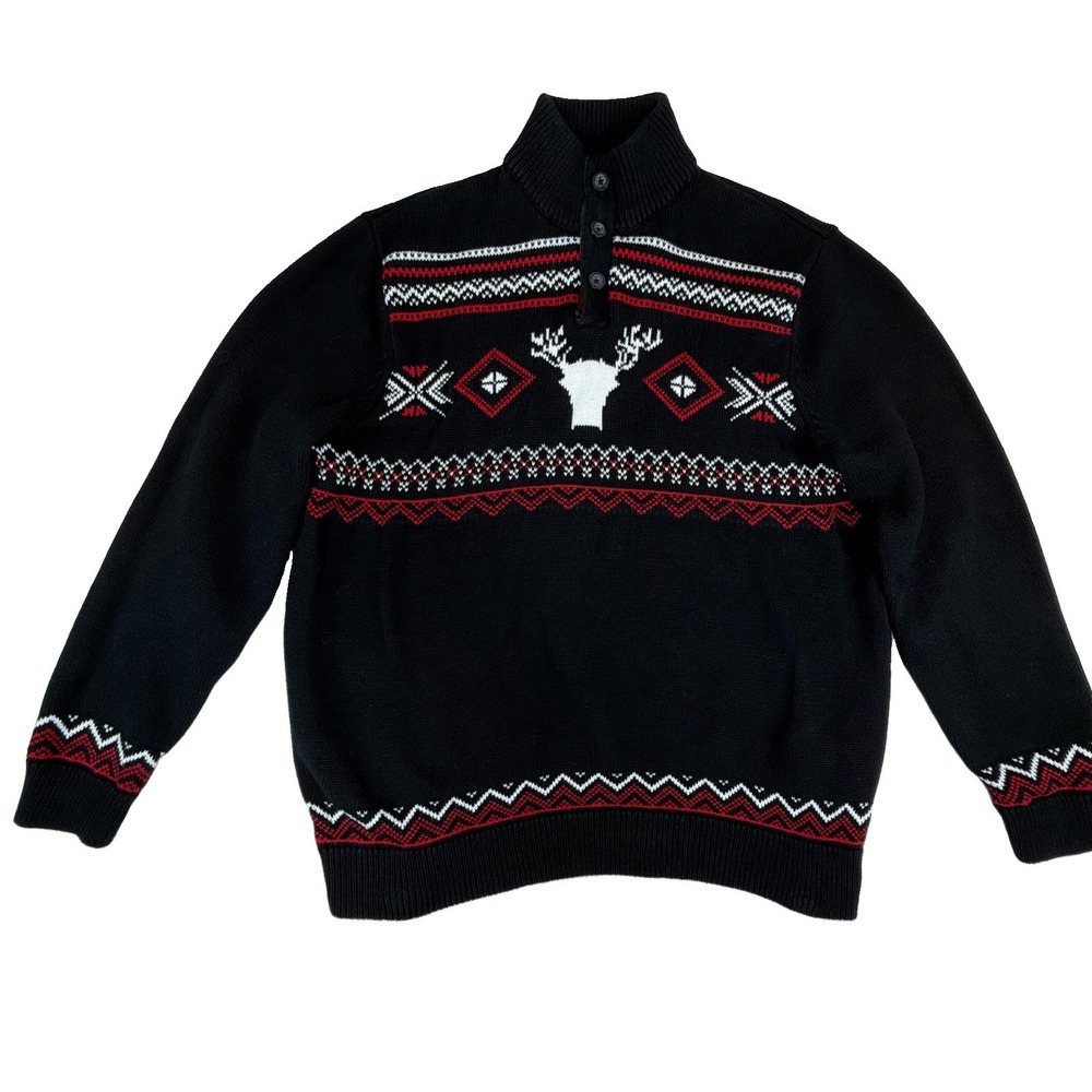 Chaps Deer Fair Isle Nordic Men's Sweater Sz XL Mock Neck Elbow Patch Christmas